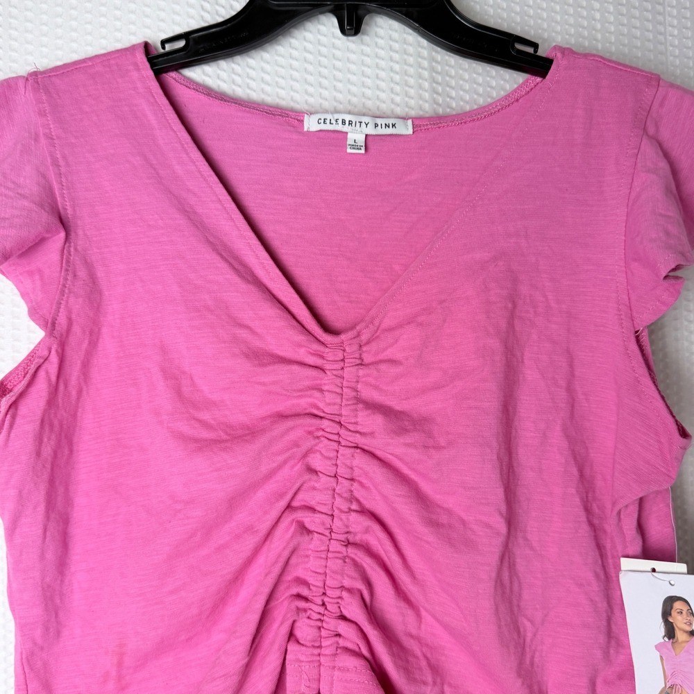 Celebrity Pink Ruched Front Top Women Large Pink Flutter Sleeve Girly Cropped